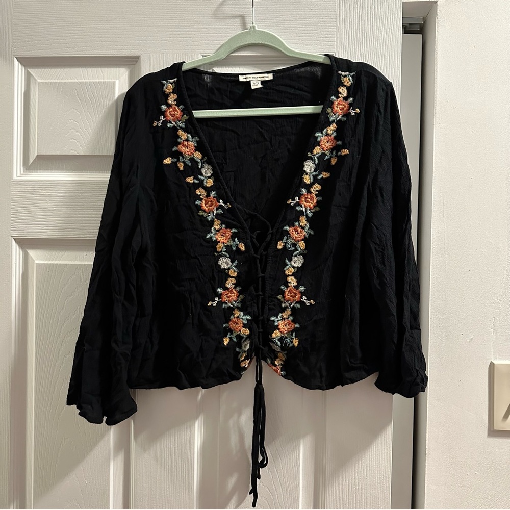 American Eagle Black Bell Sleeved Peasant Top with Embroidery, Size XL